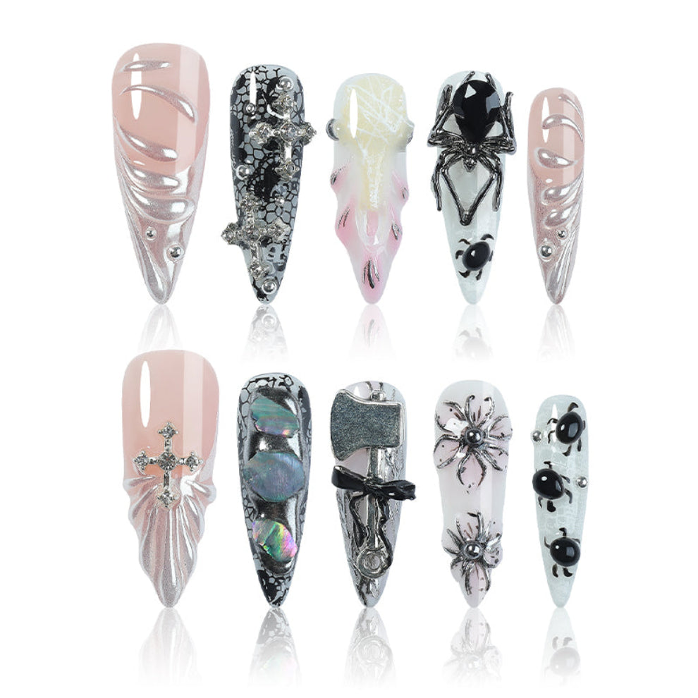 A6 3D Gothic Spider Press On Nails Black & Silver Glam Acrylic Nails