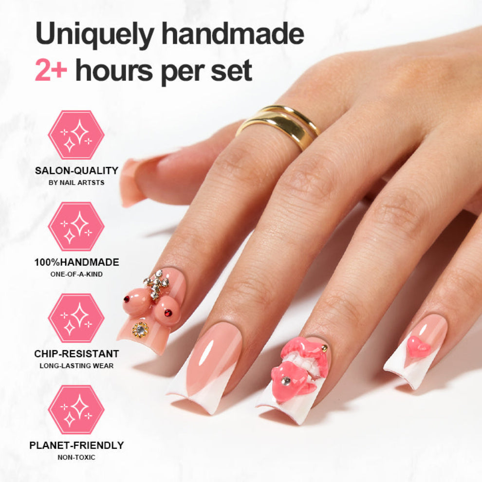 A7 3D Lips & Heart Press On Nails – Pink French Nude Cute Nail