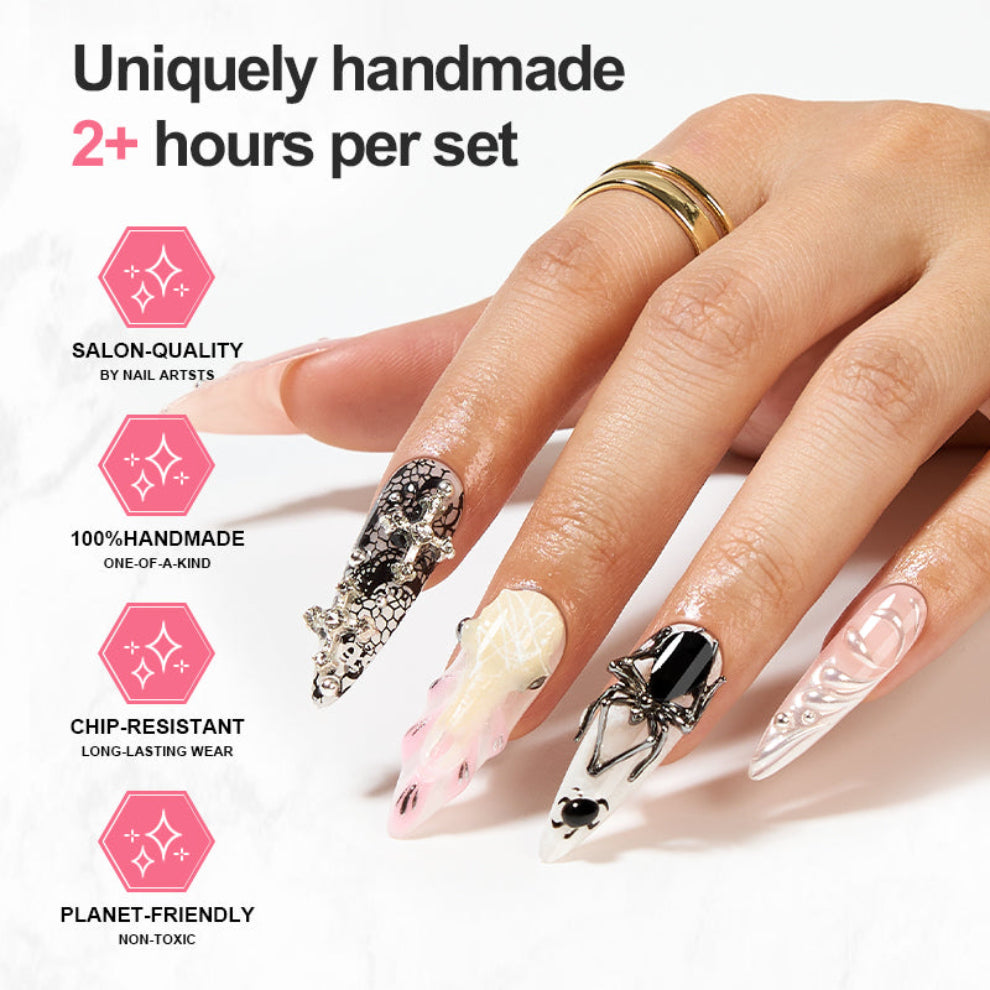 A6 3D Gothic Spider Press On Nails Black & Silver Glam Acrylic Nails