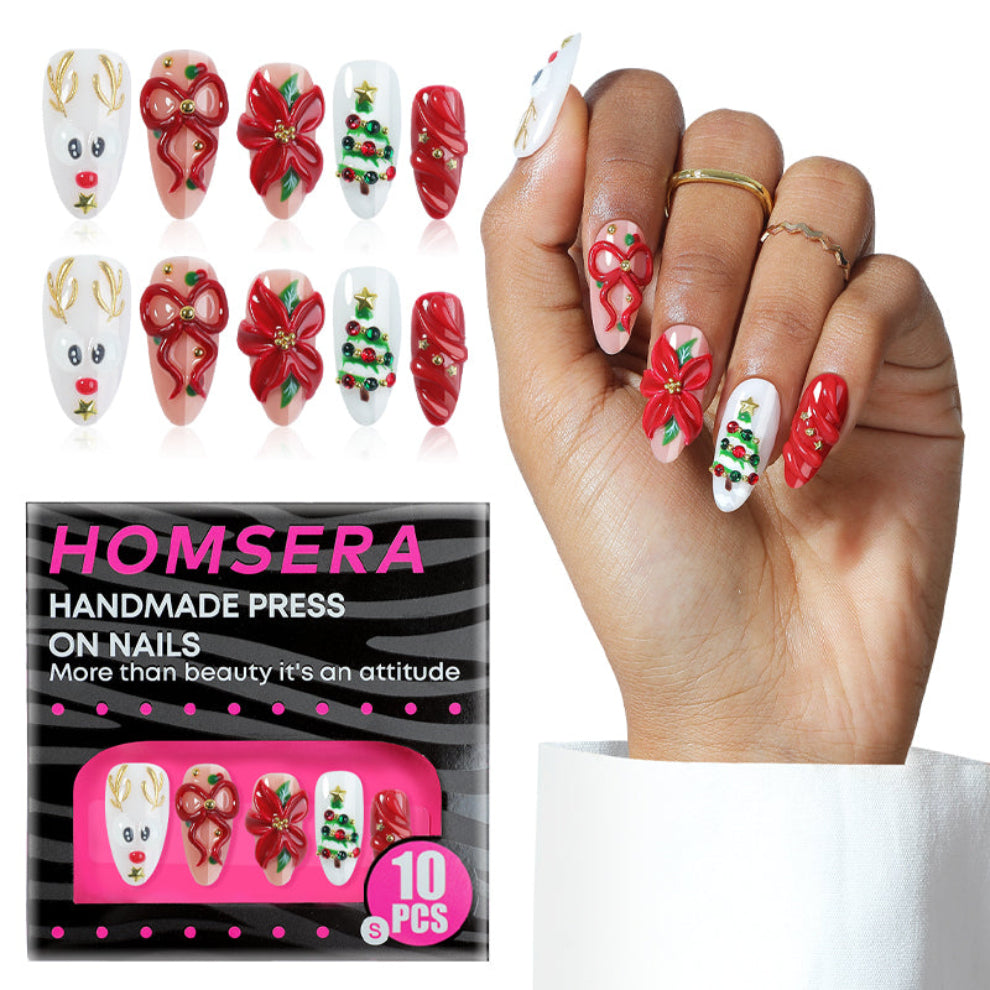 A5 Christmas Reindeer & Ribbon Press On Nails Festive Bow Nails