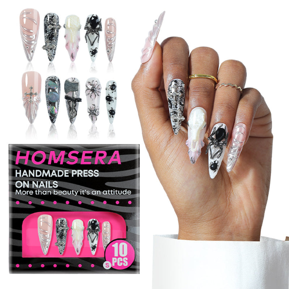 A6 3D Gothic Spider Press On Nails Black & Silver Glam Acrylic Nails