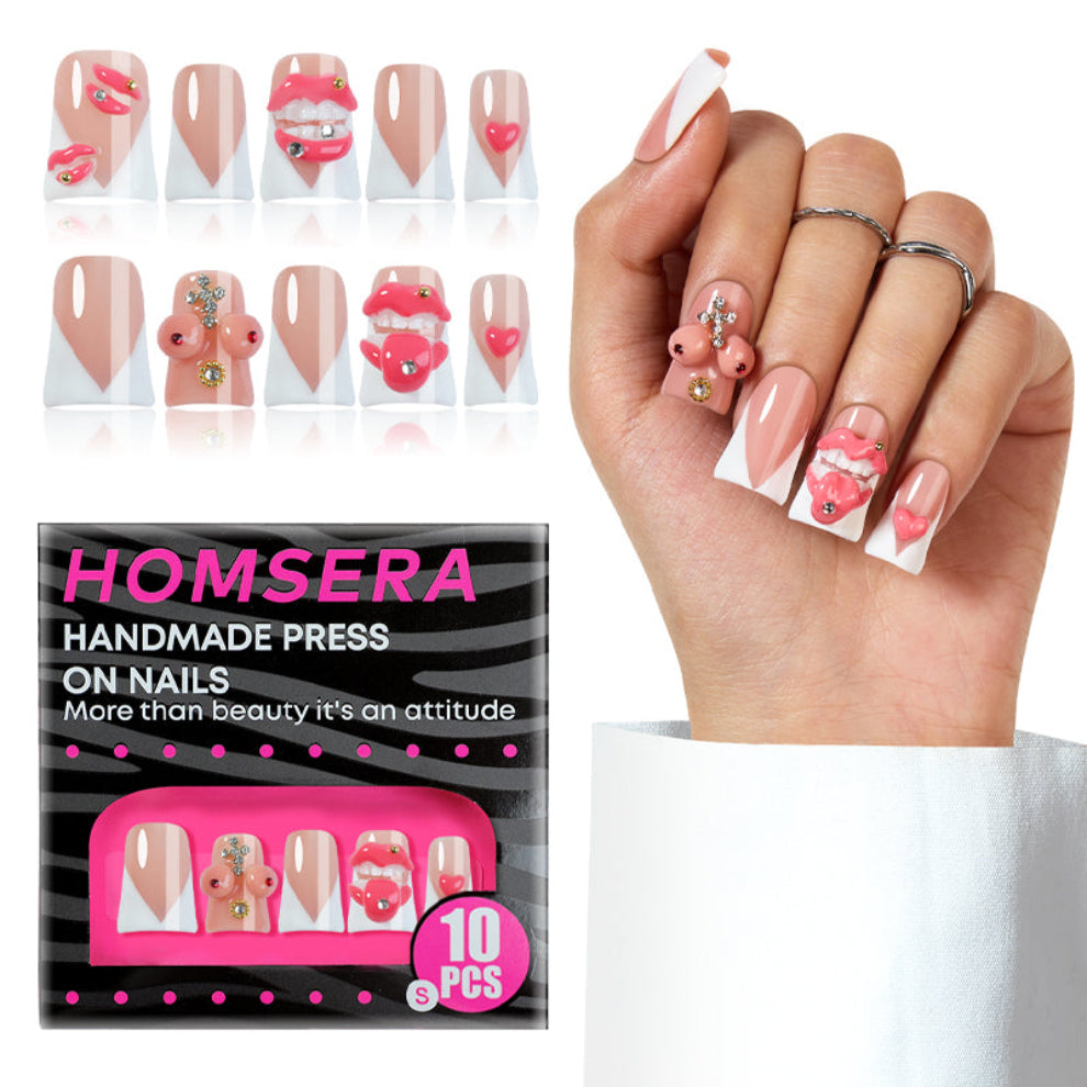 A7 3D Lips & Heart Press On Nails – Pink French Nude Cute Nail