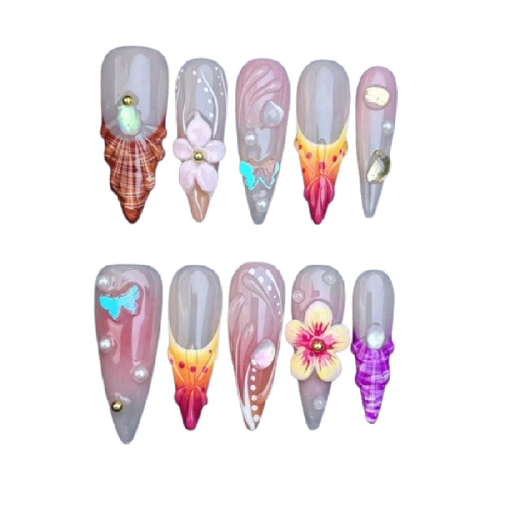 H010 Tropical Butterfly Beach Press On Nails Floral Nail Art