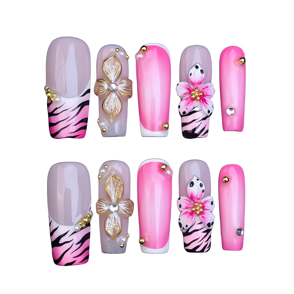 H007 Pink Zebra Floral Glam Press-On Nail With3D Flower Accents
