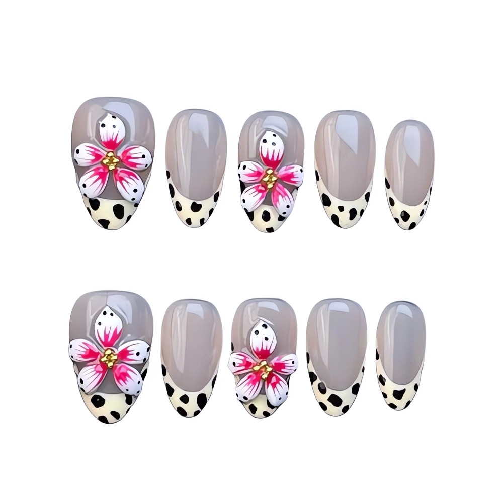 H034 Chic Leopard Floral Nail Bloom Handmade Nail Set