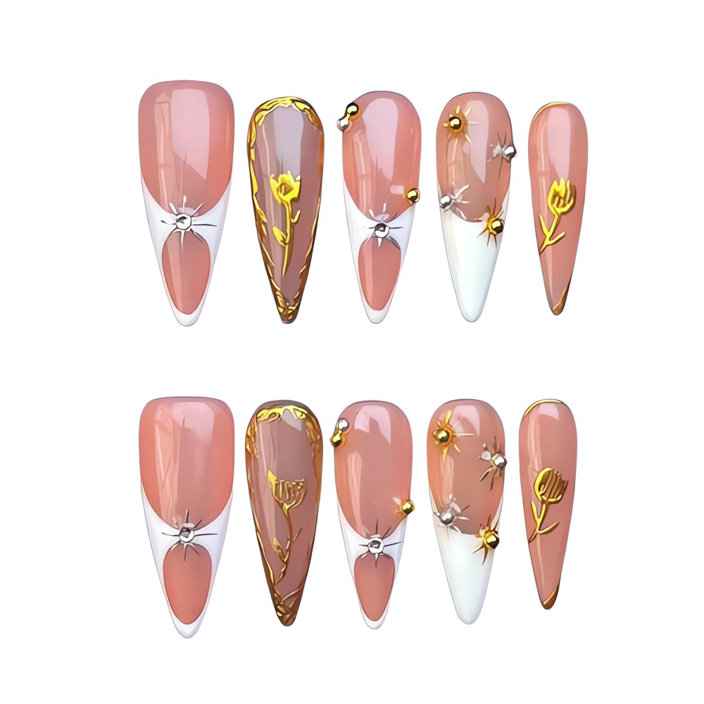 H050 Elegant Nude Pink French Nails Gold Accent Press On Nails