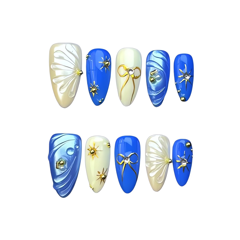 H052 Blue & Gold Seashell Nail Art Set Handmade Press On Nails