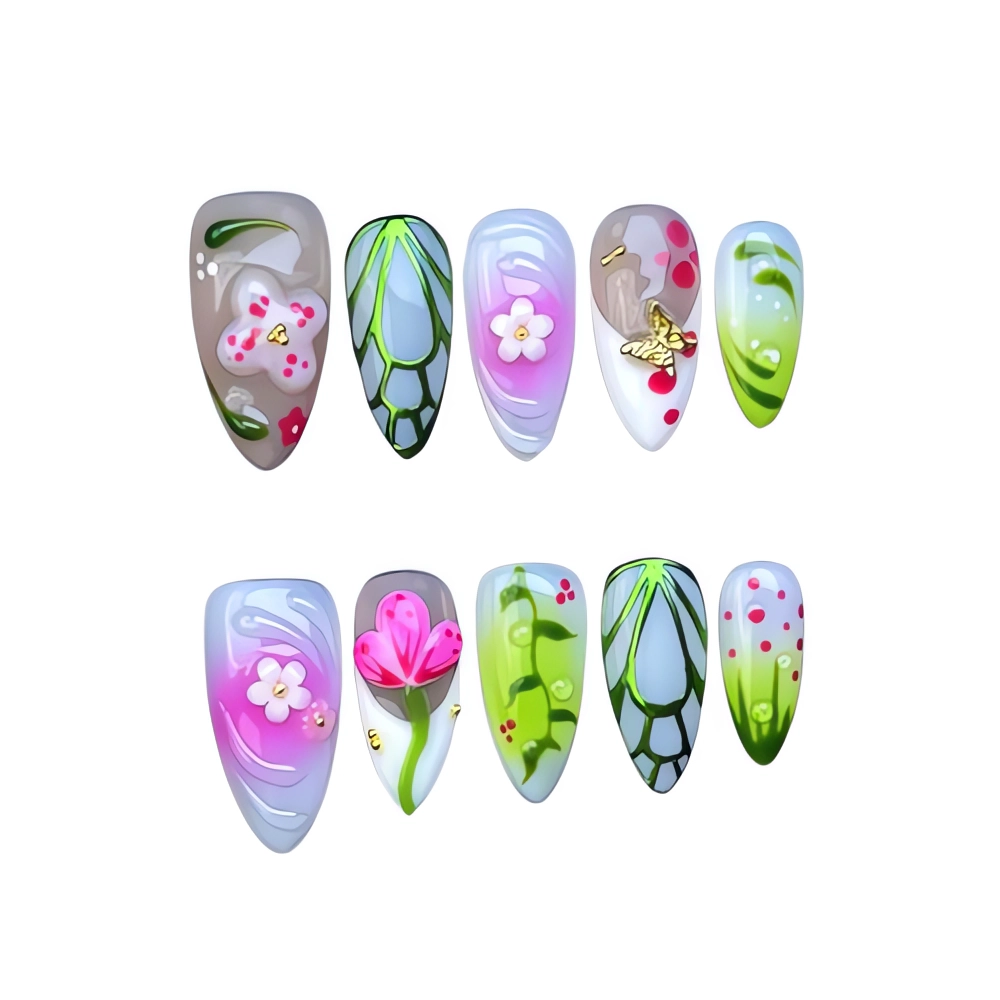 H056 Spring Blossom Garden Nails Green Pink Floral Press On