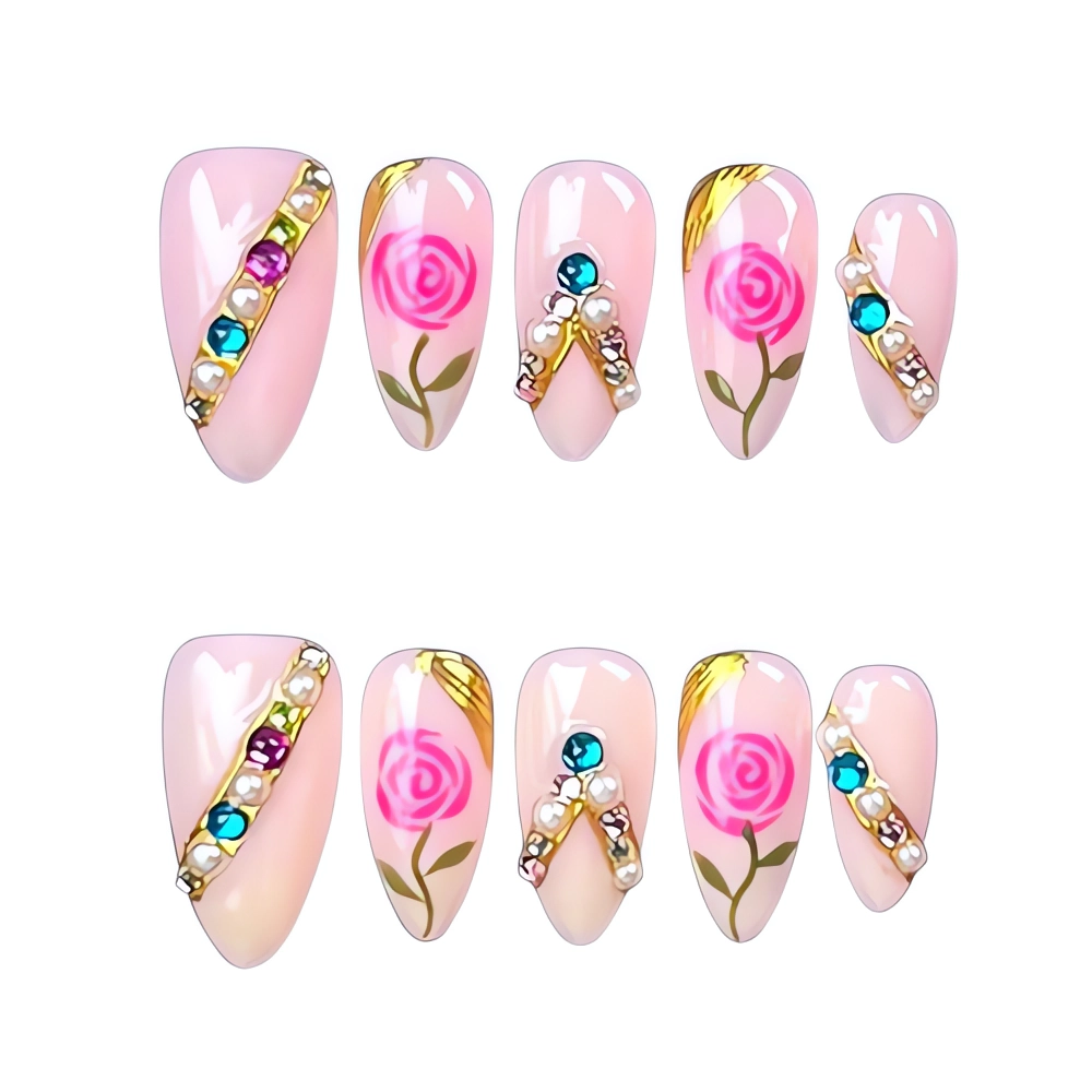 H060 Rose Glam Rhinestone Nail Art Set with Gold Lines