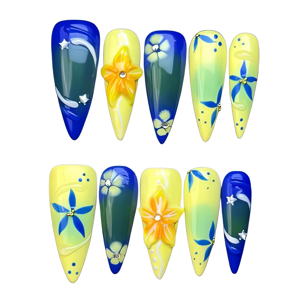 H061 Sunshine Garden Yellow Blue Floral Nail Bright Artistic Nails