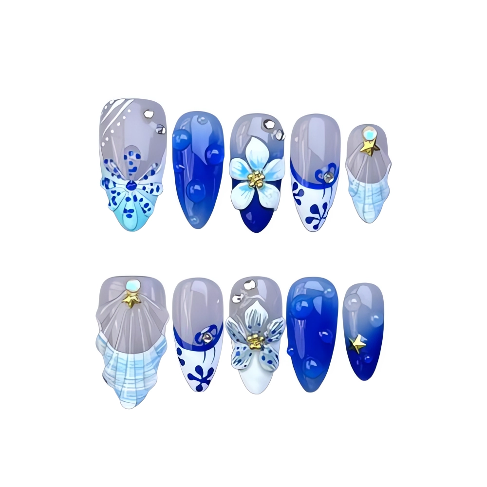 H062 Ocean Breeze Blue Floral Nail Mermaid Press On Nails