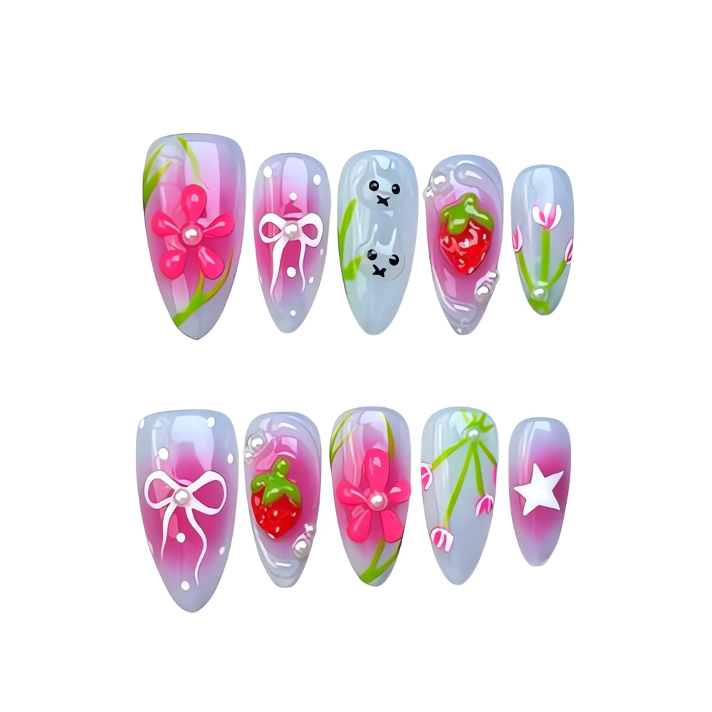 H064 Bow Pink Gradient Press On Nails Sweet Floral Nail Set
