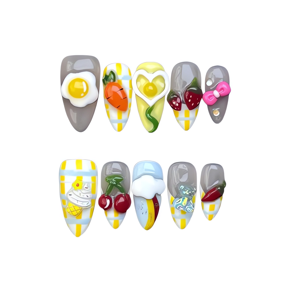 H073 Yellow Eggs Breakfast Press On Nails  Fun Cartoon Food Nail Set