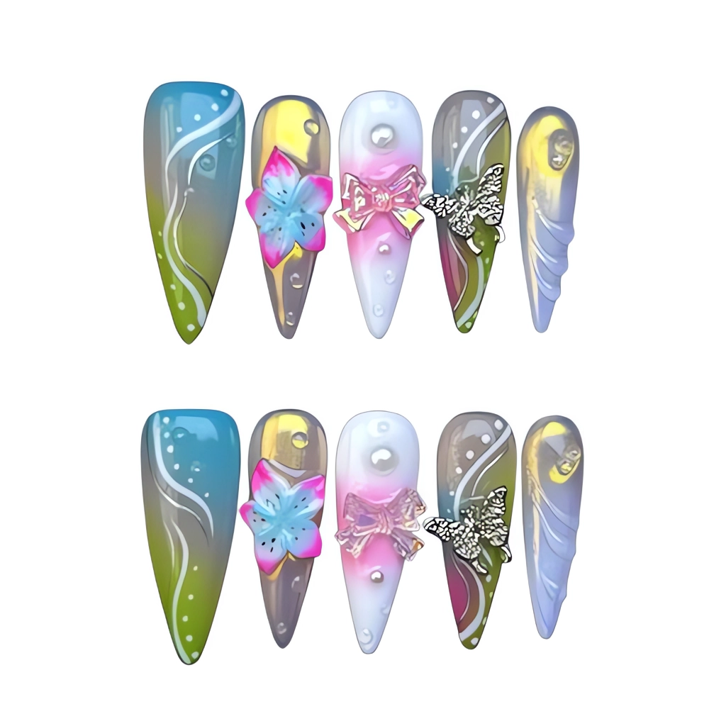 H082 Butterfly Floral Gradient Press On Nails – Colorful 3D Spring Nail Art