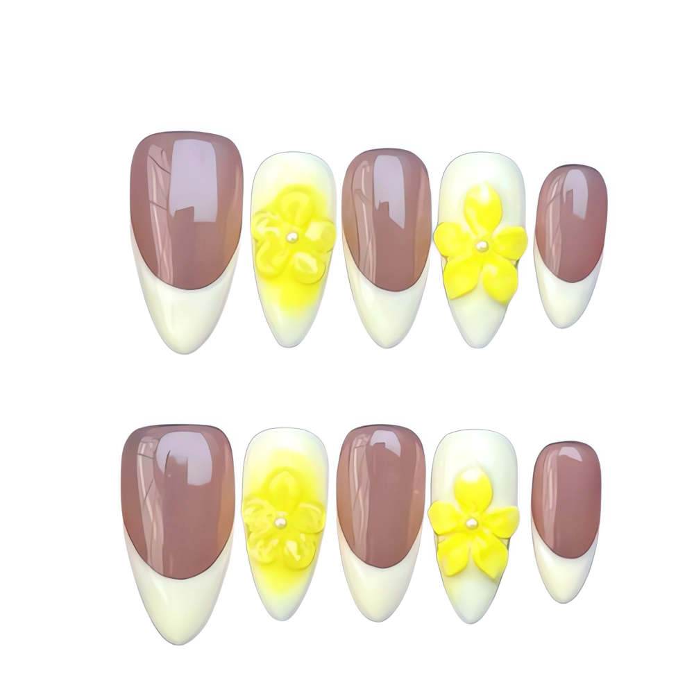 H084 Sunshine Elegance Yellow Floral Nail French Tip Nails