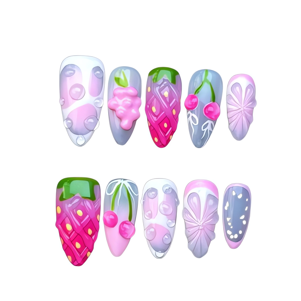 H092 Pink Fruit Press On Nails 3D Strawberry Kawaii Nail Set