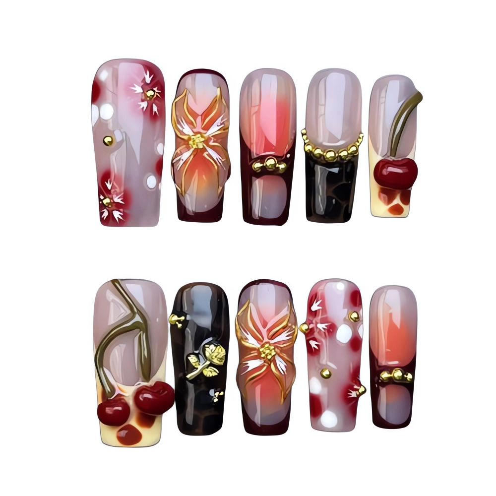H093 Cherry Blossom and Red Gradient Press On Nails