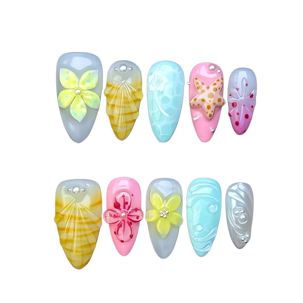 H094 Mermaid Starfish Ocean Press-On Nails Floral Fake Nails