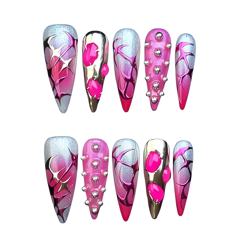 H097 Glam Chrome & Pink Marble Stiletto Long Press-On Nails