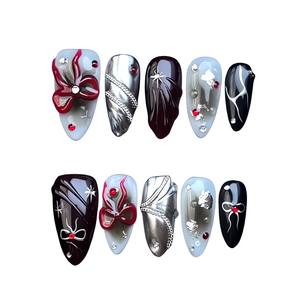 H100 Black Grey Bow Press-On Nails Glam Rhinestone Nail Set