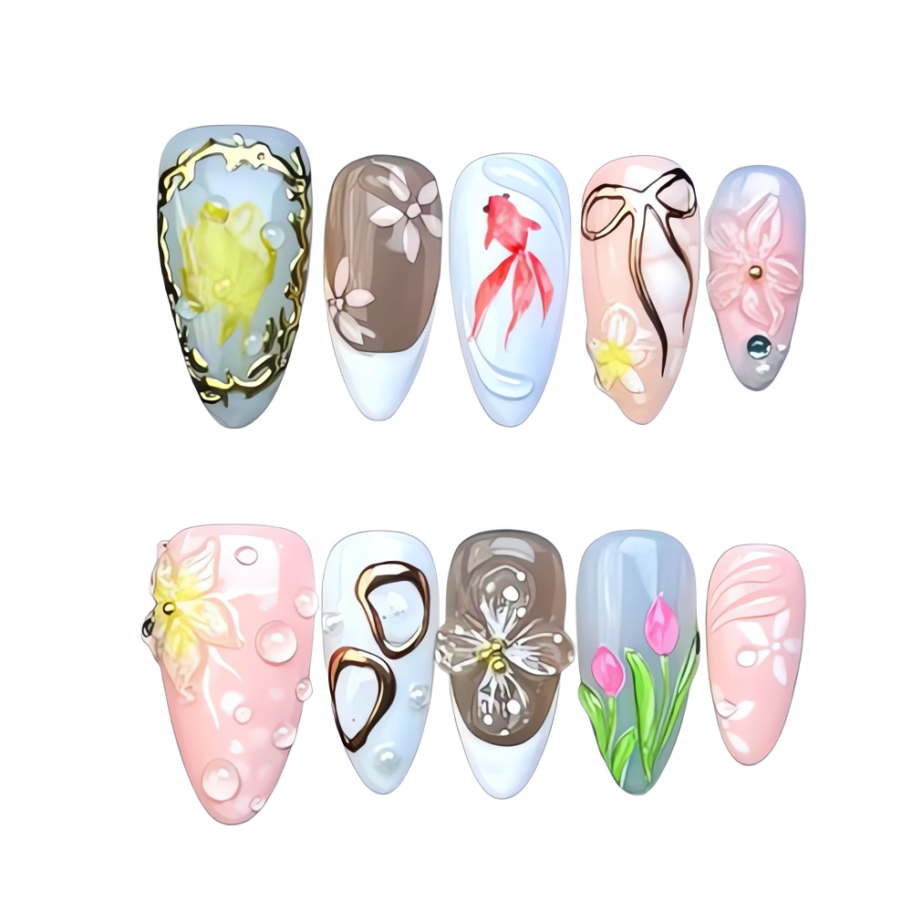 H105 Vintage Garden Art Fish Nails Floral Press on Nail Art