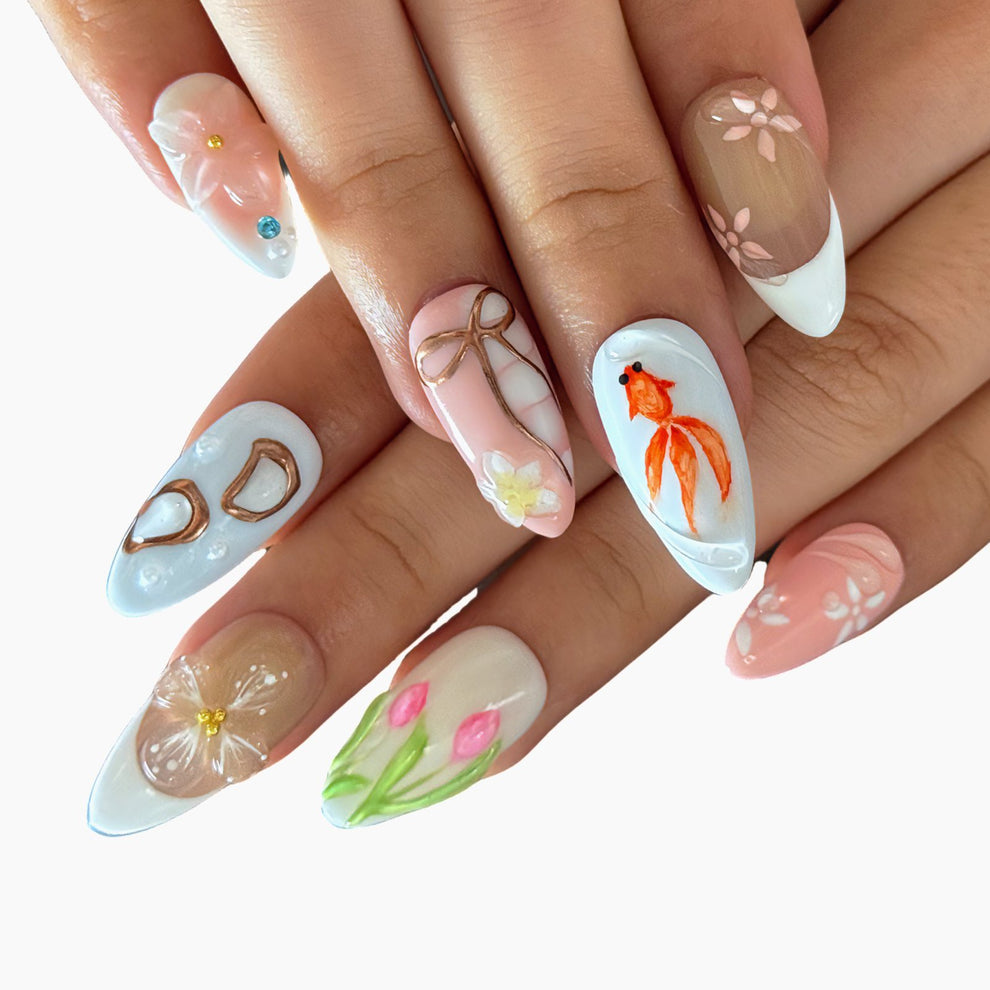 H105 Vintage Garden Art Fish Nails Floral Press on Nail Art