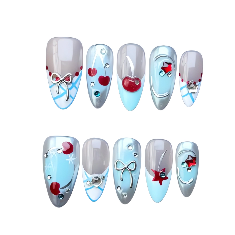 H110 Blue Cherry Star Press On Nails – Silver Accent Nail Set