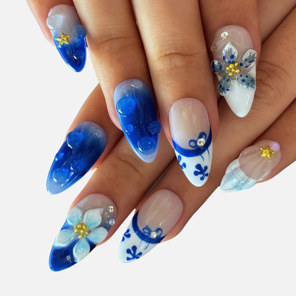 H062 Ocean Breeze Blue Floral Nail Mermaid Press On Nails