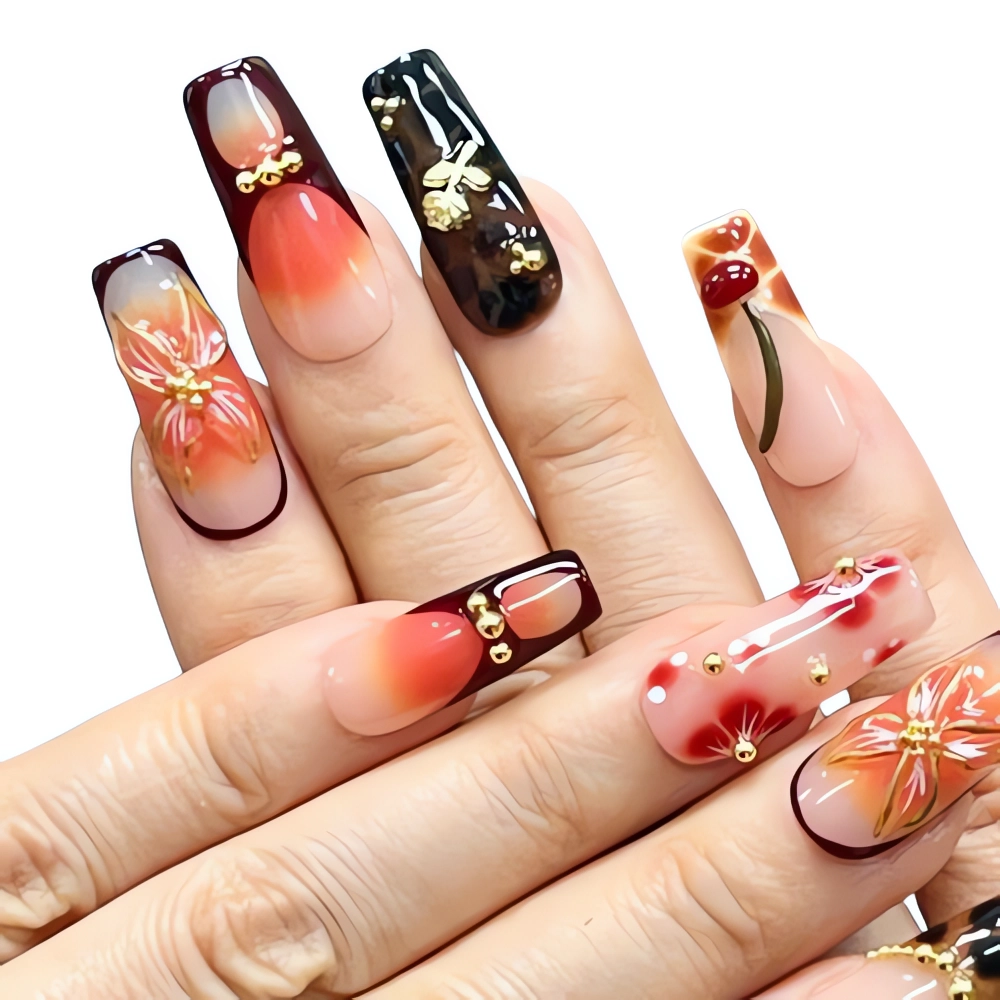 H093 Cherry Blossom and Red Gradient Press On Nails