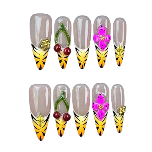 N008 Tropical Cherry & Orchid Press On Nails with Yellow Gradient Tips