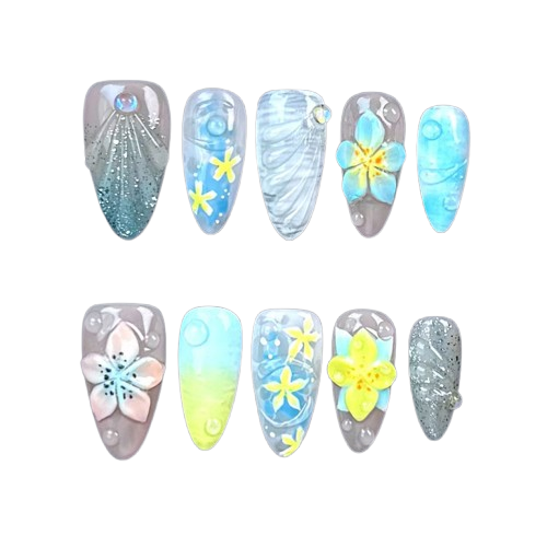 N003  Ocean Dream Blue Floral Nails Beach Mermaid Nails