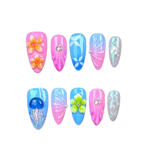 N005 Pink Ocean Fantasy Jellyfish Nail Blue Vacation Nails