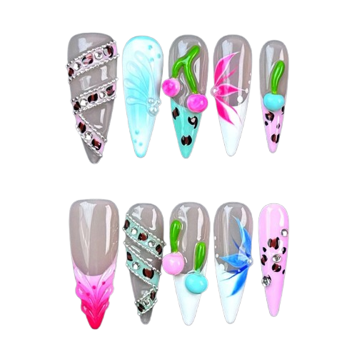 N007 Crystal Cherry and Tropical Leaf Press On Nails Glam Nail Art