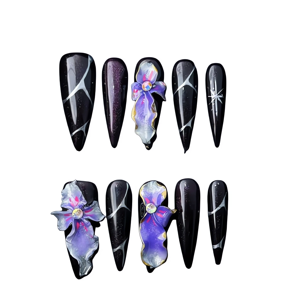 P003 Midnight Galaxy Orchid Nail Art Set  Floral Press On Nails