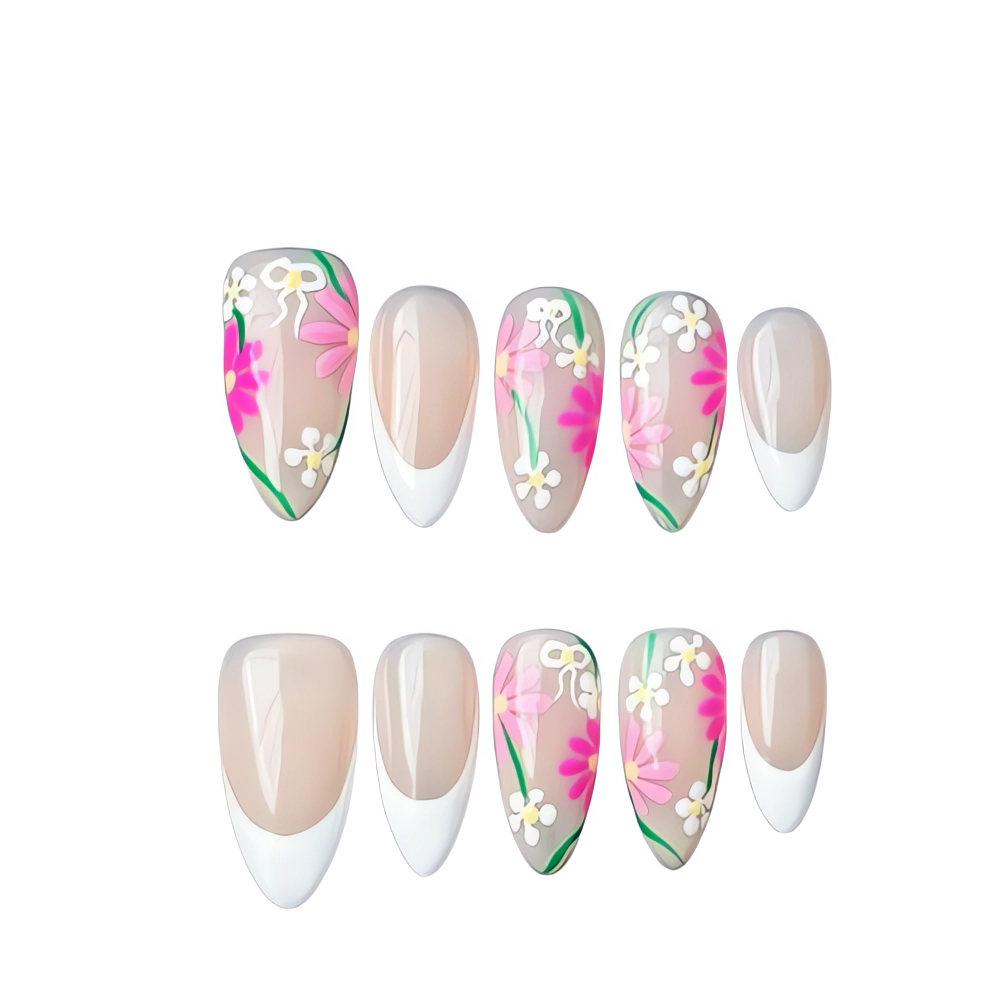 P004 Spring Garden French Floral Nail Reusable Press On Nails