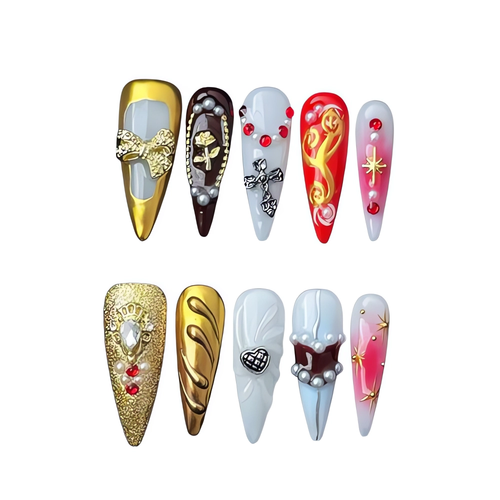 P005 White and Gold Royal Nails with Pearls, Cross Charms, and 3D Gems