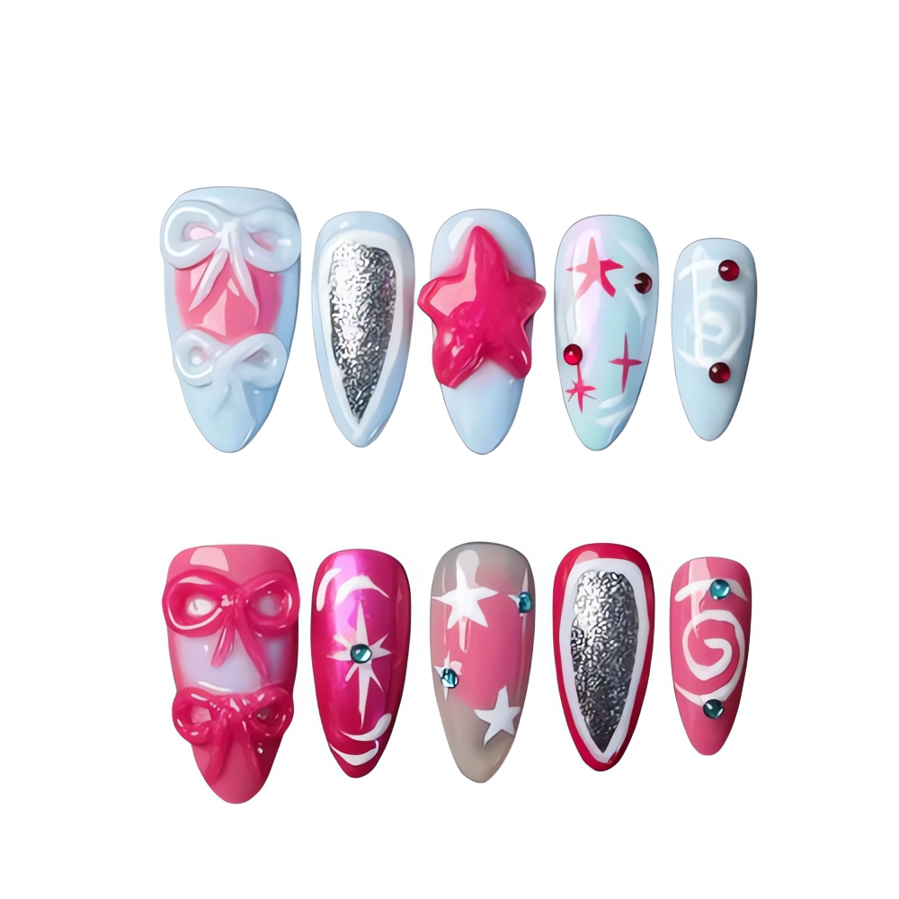 P016 Pink Star and Bow Press On Nails Cute Kawaii Nail Art
