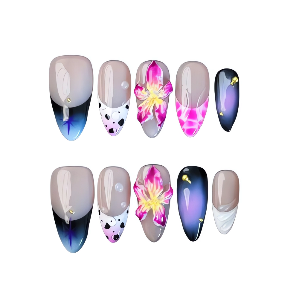 P025 Luxury Black and Gold Nude Nails with 3D Floral Design