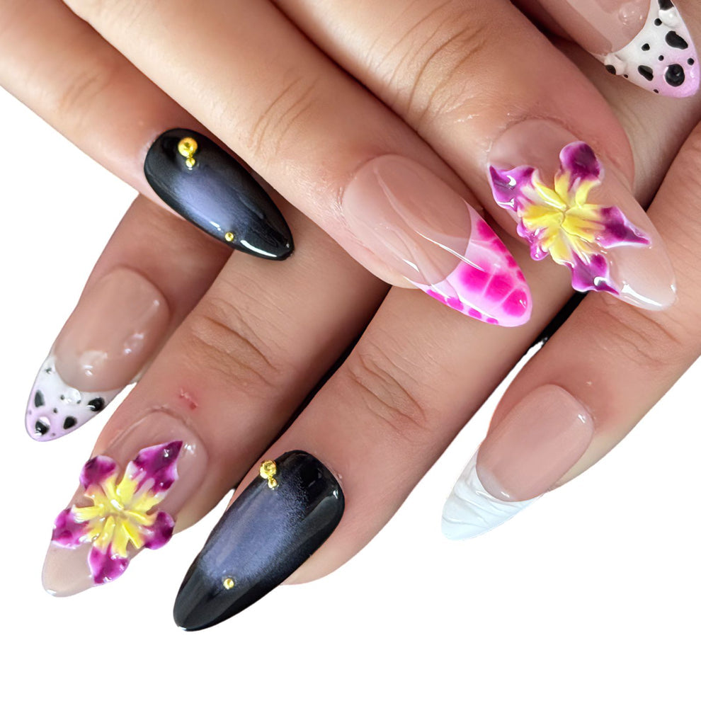 P025 Luxury Black and Gold Nude Nails with 3D Floral Design