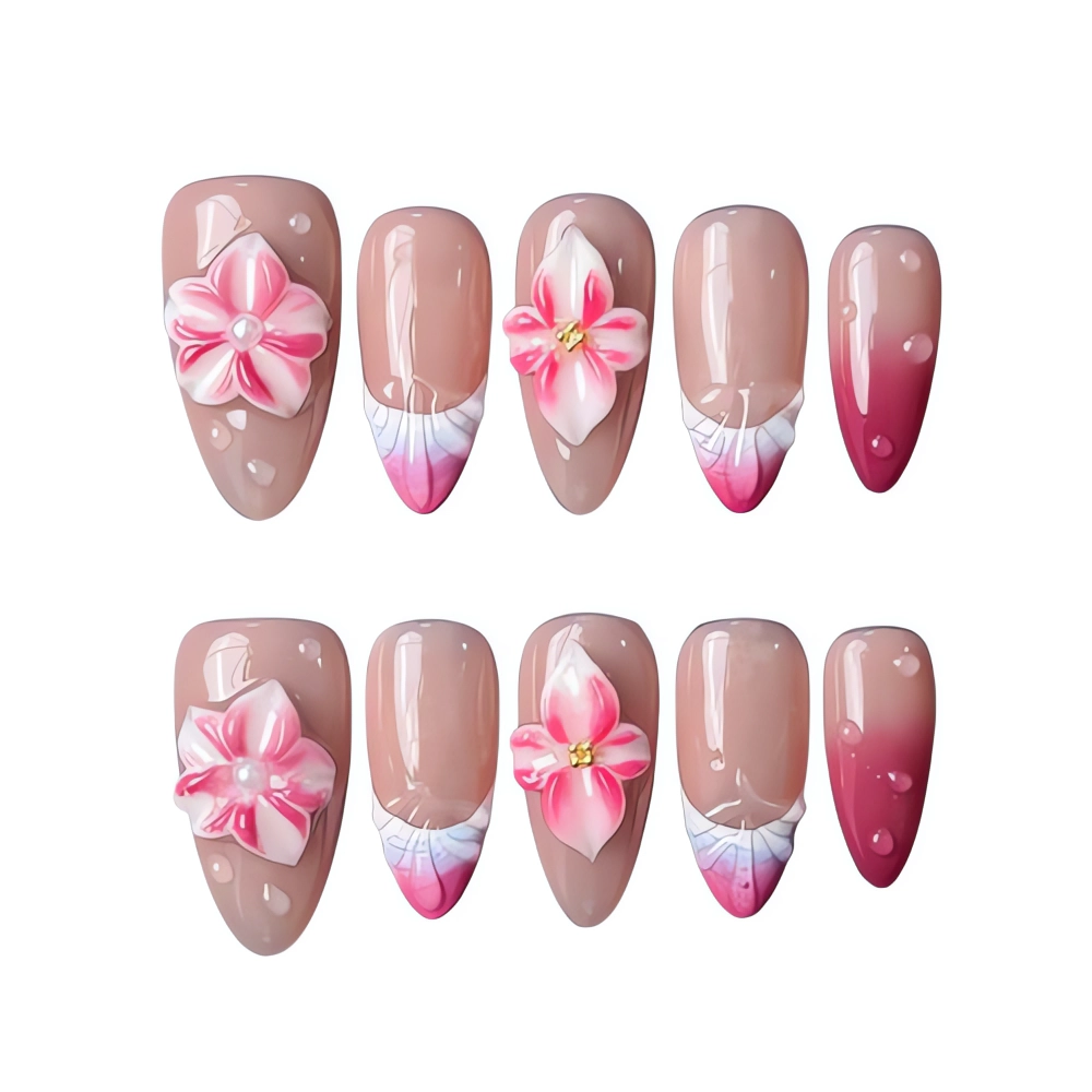 P026 Elegant Nude Floral French Tip Nails Sea Glow Nail Set