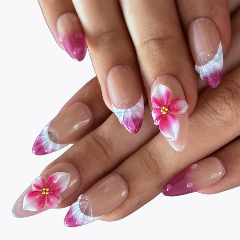 P026 Elegant Nude Floral French Tip Nails Sea Glow Nail Set