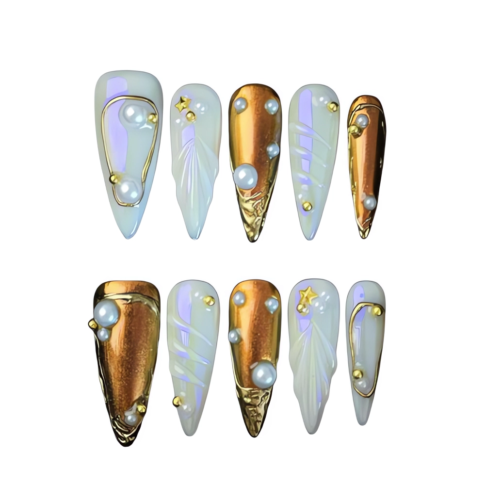 P030 Golden Pearl Metallic Elegance Nails Mermaid Nails Set