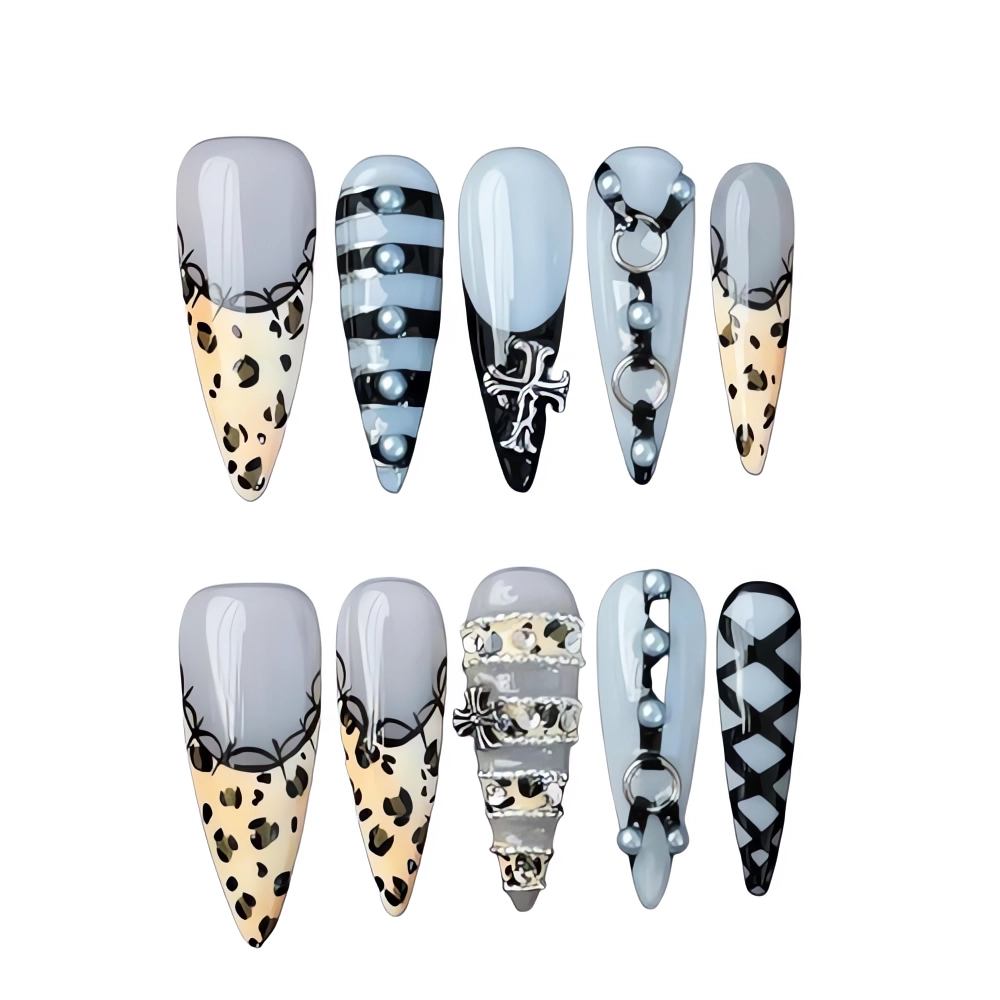 P031 Gothic Pearl Chain Press On Nails Glam Leopard Nails