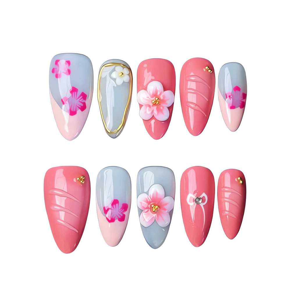 P032 Pink Floral Press-On Nails with Gold and 3D Blossom Accents