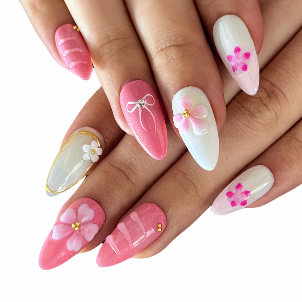 P032 Pink Floral Press-On Nails with Gold and 3D Blossom Accents