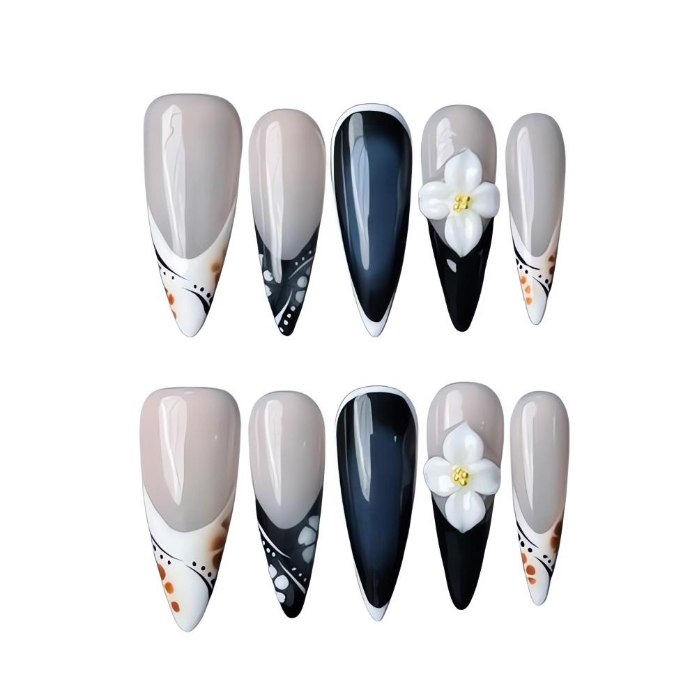 P043 Black and Nude French Tip Press-On Nails with White 3D Flowers
