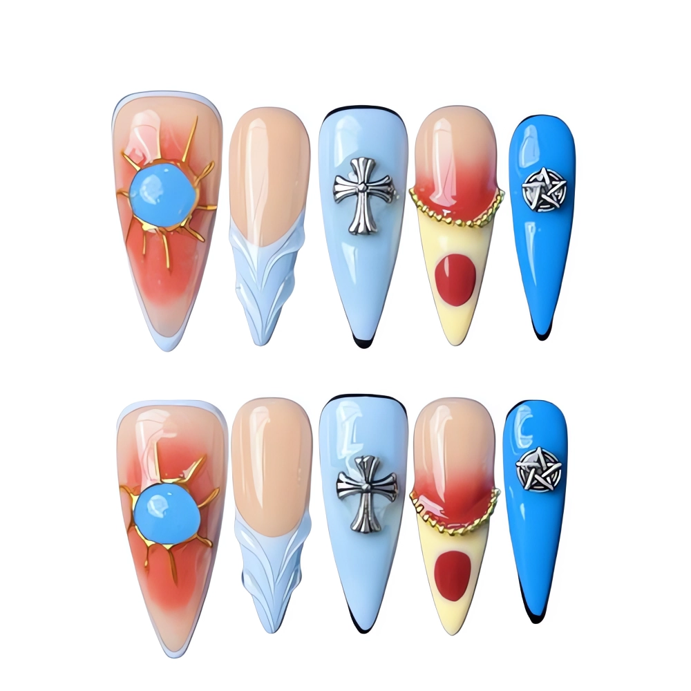 P044 Blue Gradient Press-On Nails with Cross and Star Charms