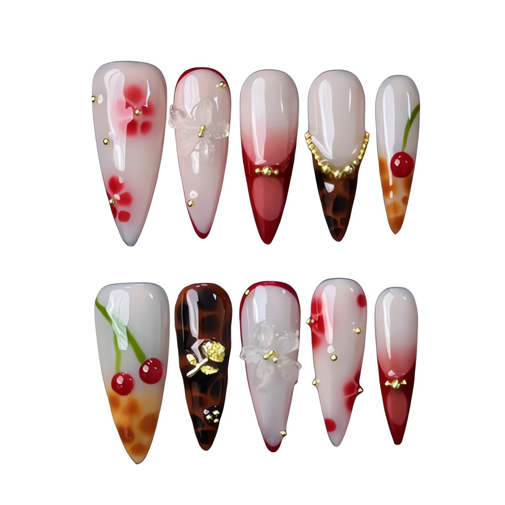 P045 Red & Black Floral Stiletto Press-On Nails handmade nails