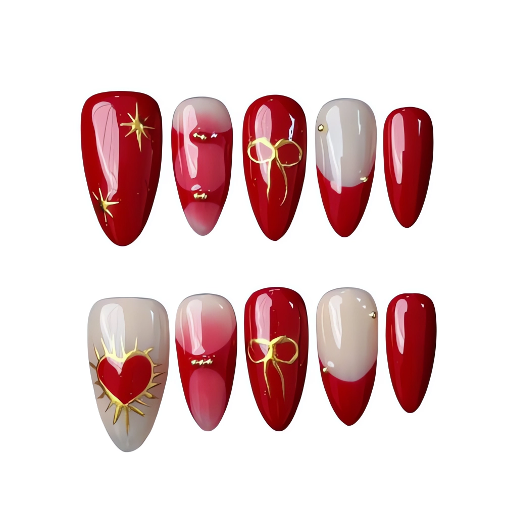 P046 Red Heart and Gold Bow Press On Nails Valentine Nail Art