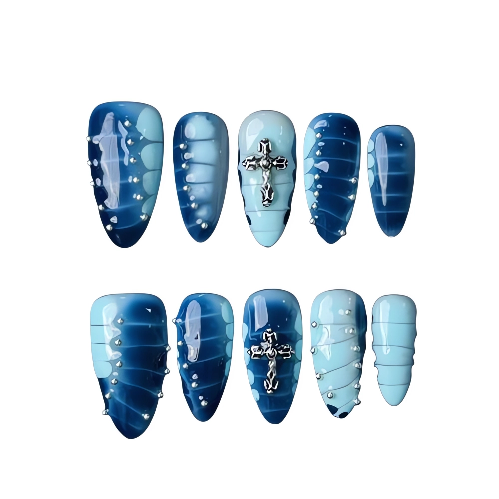 P050 Blue Chrome Cross Press On Nails with Rhinestone